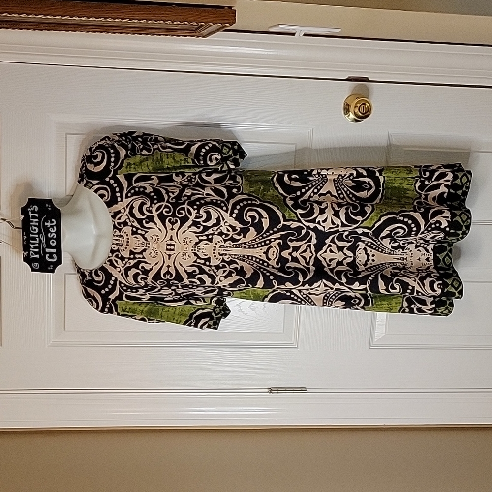 Dress Barn Gathered Sleeve Dress Shift 8 Black Tan Green